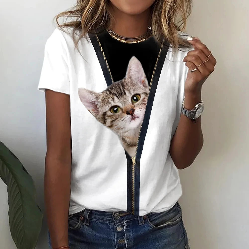 Summer Women's T Shirt Cat Print Casual Short Sleeve 3d T Shirts Fashion Streetwear Crew Neck Pullover Oversized Female Clothing - reetell