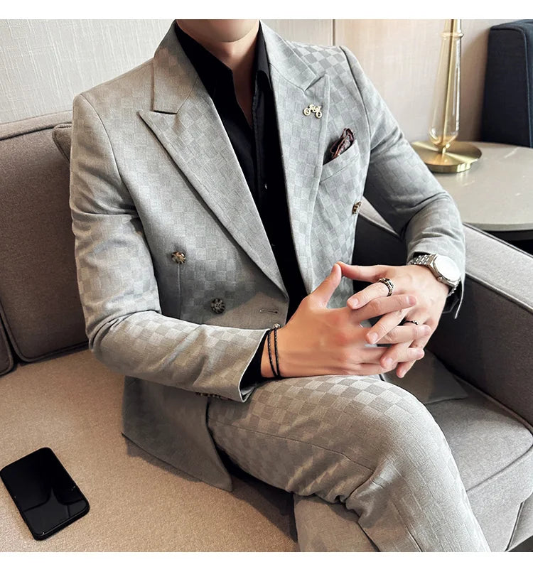 (Jacket+Pants) 2 Pieces Blue Apricot Business Party Men Suits Double Breasted Formal Style Custom Made Wedding Groom Tuxedos - reetell