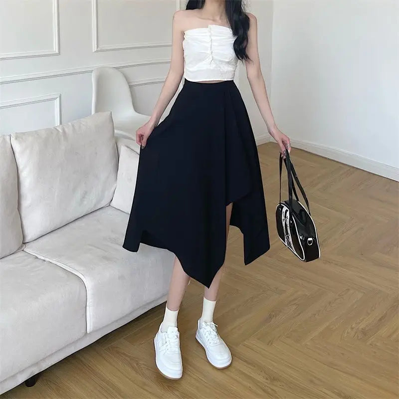 Black Irregular Skirt Women Spring Summer High Waist Thin Mid-length Umbrella Skirts Plus Size Bottoms Vintage Y2k Clothes - reetell