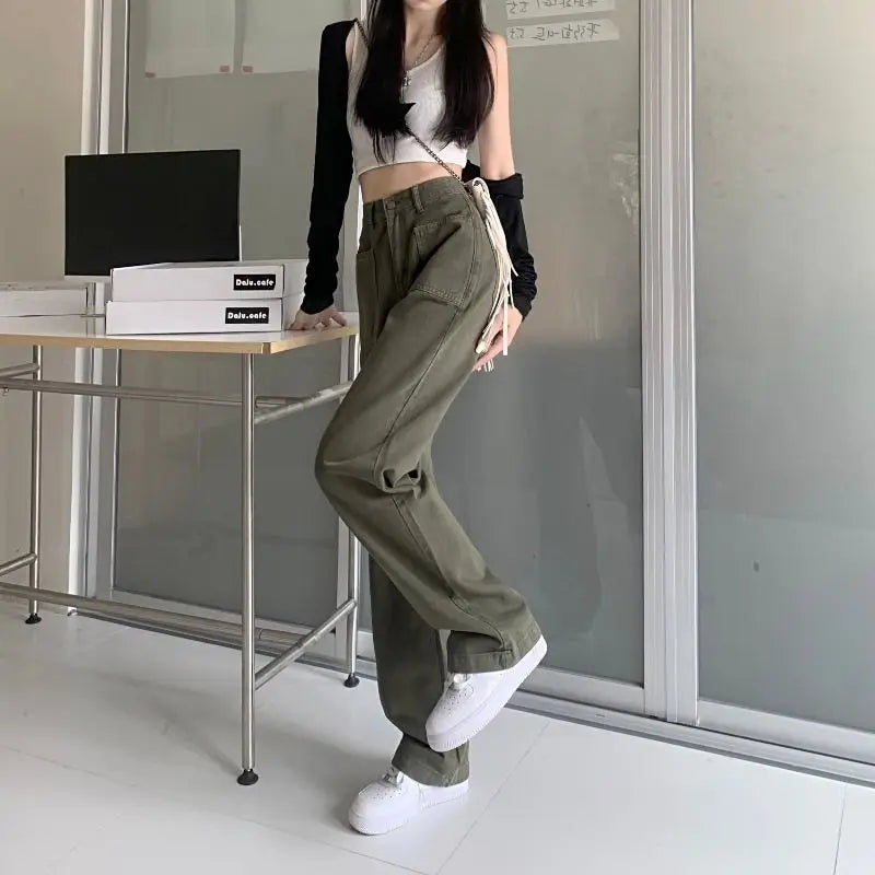 Military Green Jeans for Women High Waist Wide Legs Straight Leg Loose and Hanging Feeling Floor Length Pants High Street Trend - reetell