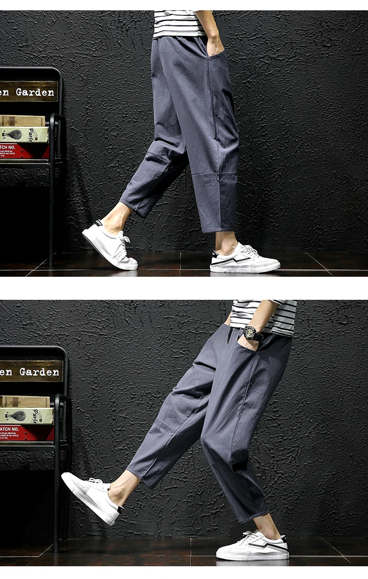 100% Cotton Ankle Length Pants Summer Casual Pants Man Trendy Japanese Loose Pants Men - reetell