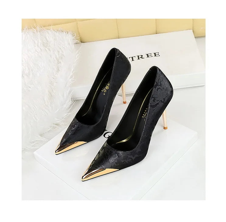 BIGTREE Shoes Metal Pointed End Women Pumps Silks Satins High Heels Ethnic Style Women Stilettos Heels 10 Cm Banquet High Heels