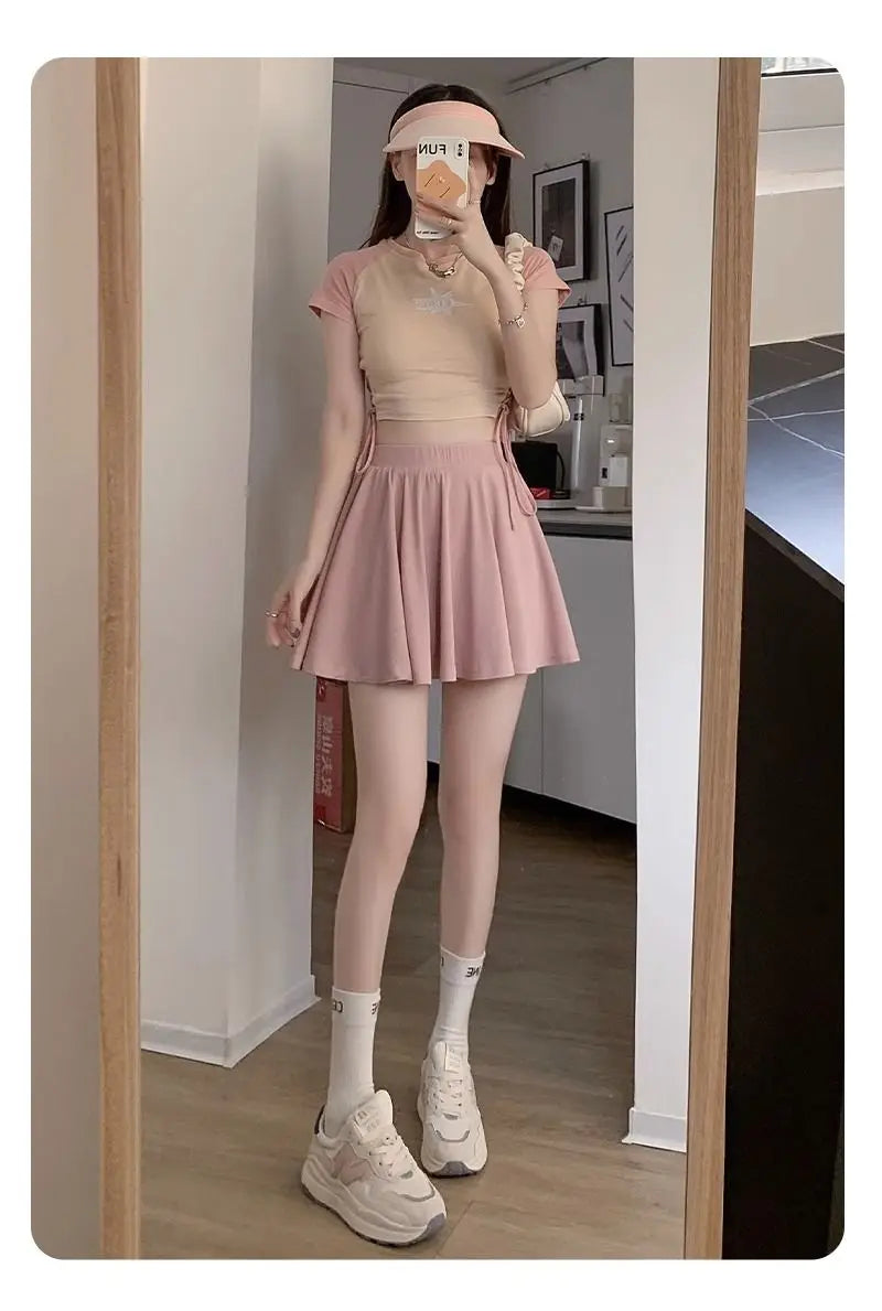 Yasuk Spring Summer Sporty Casual Slim Sport Shorts Pants Panty Dress Sweet Cool Girl Soft Ice Silk Pleated Skirt - reetell