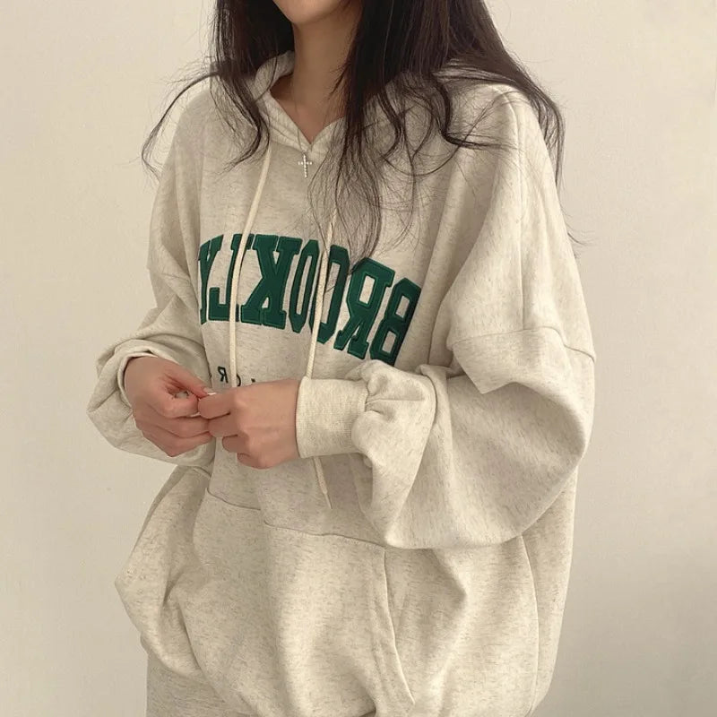 BROOKLYN Letter Print Hoodies Women Retro Chic Long Sleeve Loose Pullovers 2023 Harajuku Casual Hooded Sweatshirt Y2K Streetwear - reetell