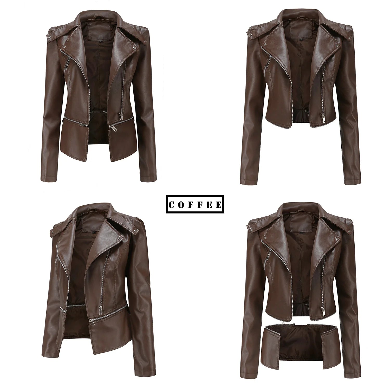 2024 Spring Autumn Women's Leather Jacket Female Detachable Hem Lapel Zipper Casual Coats Women's Locomotive Windbreaker