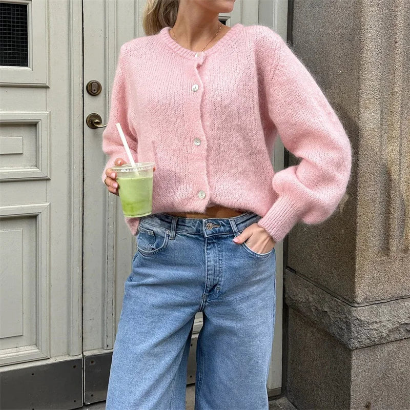 Lamuusaa y2k Sweaters 2000s Women Solid Color Round Neck Single Breasted Long Sleeve Cardigan Tops Warm Knitwear Streetwear - reetell