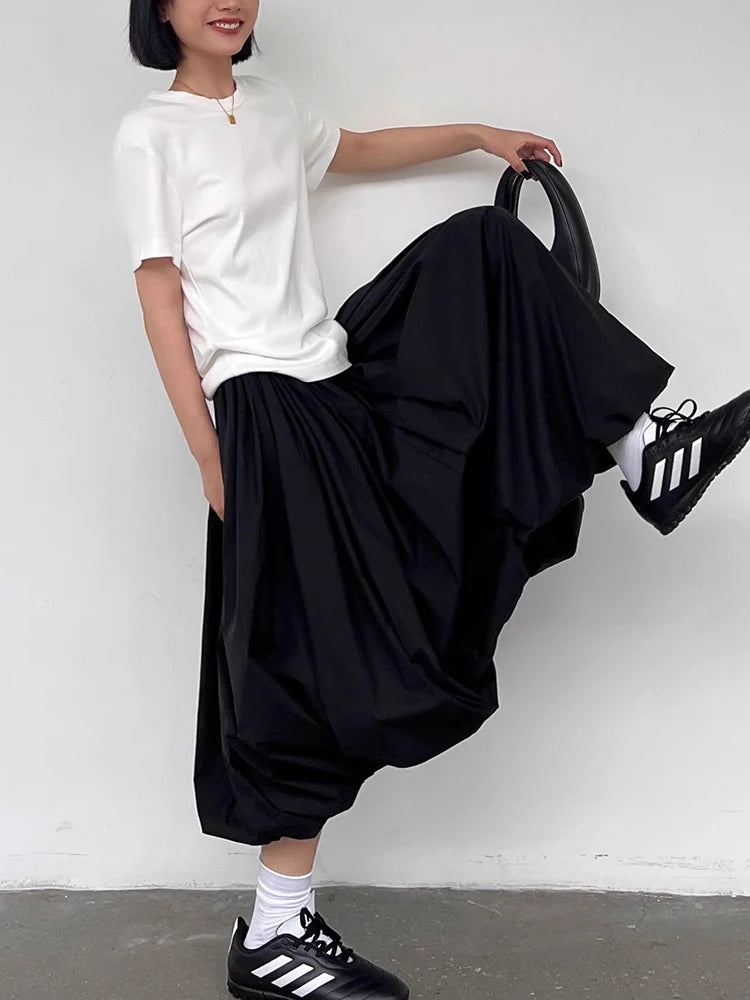 HOUZHOU Long Skirt Women Elegant Solid Elastic Waist A-line Vintage Korean Fashion Loose Balloon Maxi Skirt Casual Streetwear - reetell