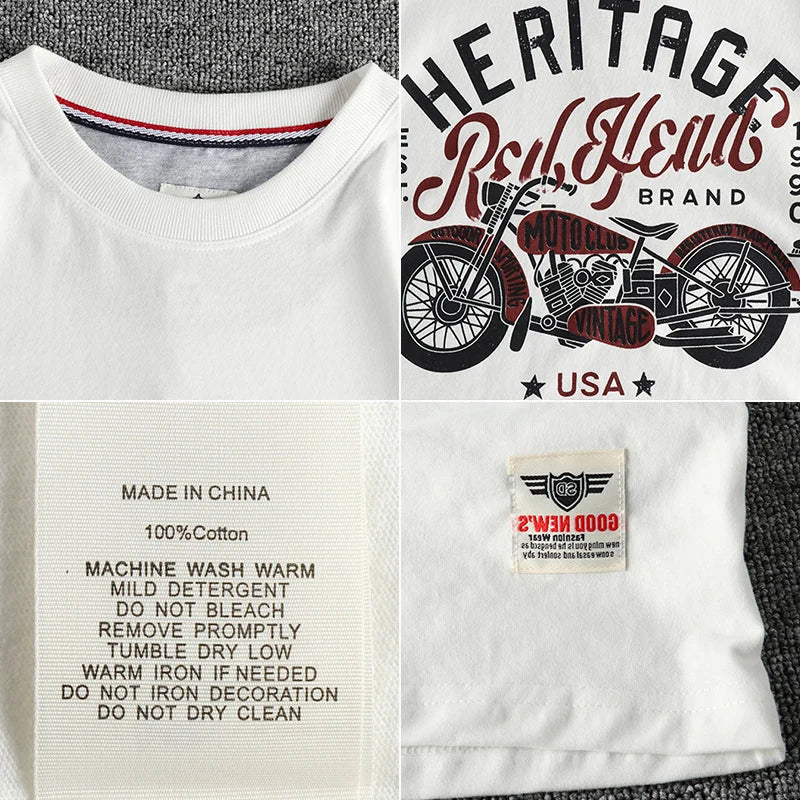 Vintage cotton short sleeve T-shirt Men's Motorcycle Print Summer May Khaki Youth half sleeve tee