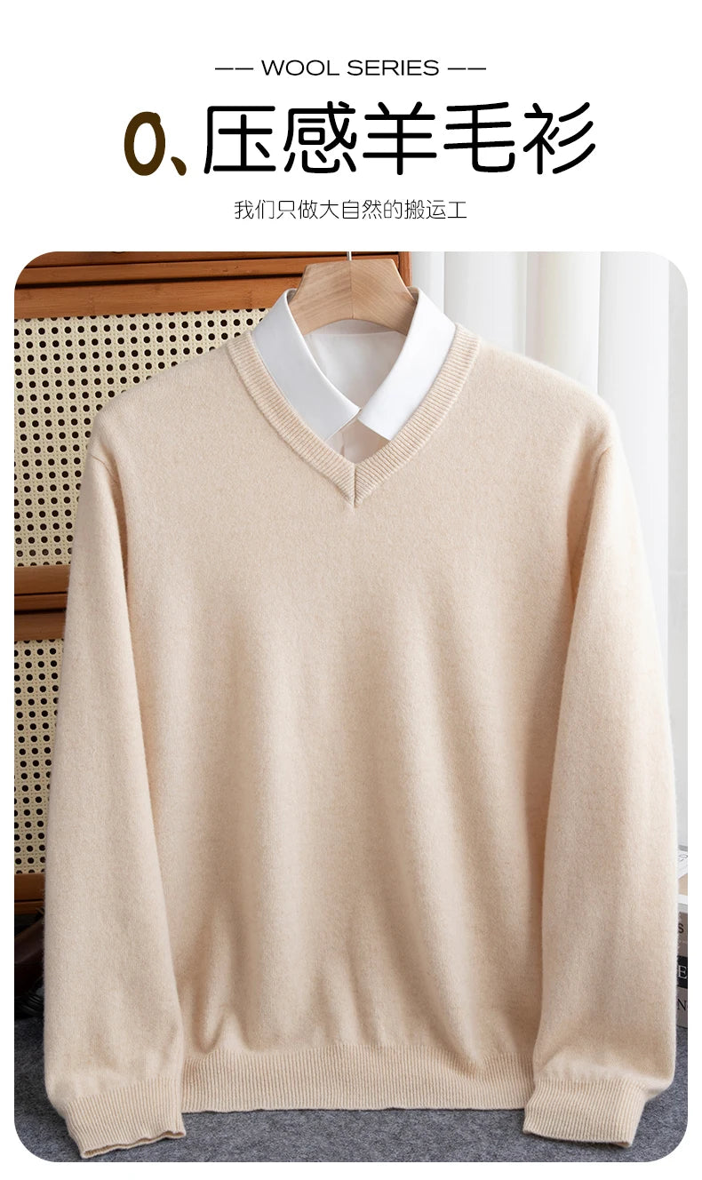 Men 100% Merino Wool Sweater V-Neck Pullover Autumn Winter Cashmere Warm Solid Knitwear Clothes Business Bottoming Soft Tops - reetell