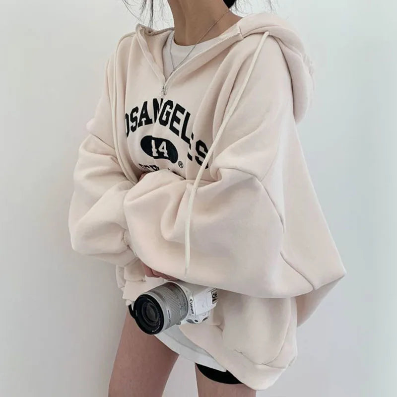 Fashion Letter Print Sweatshirts Women Autumn Winter Loose Preppy Thick Warm Hoodies Harajuku Casual Zipper Hooded Pullovers - reetell