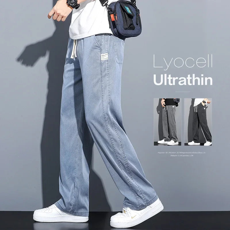 S-5XL 6Style,Men's Loose Jeans Summer Soft Lyocell Thin Fabric Straight Pants Drawstring Elastic Waist Korea Casual Trousers,Y2K - reetell