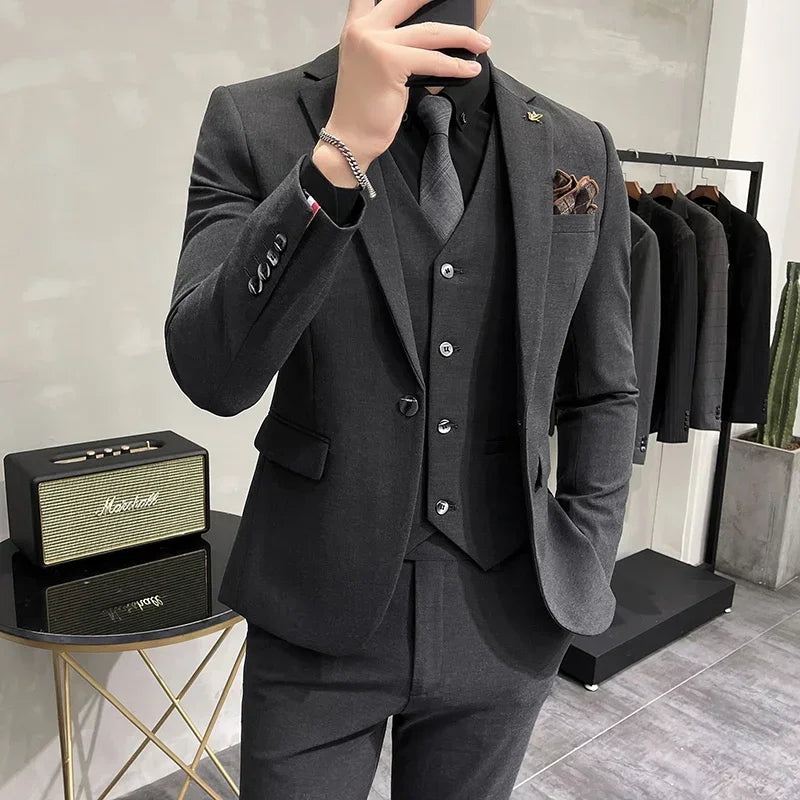 ( Jacket + Vest + Pants ) High-end Brand Boutique Fashion Solid Color Mens Casual Business Suit 3Piece Set Groom Wedding Dress - reetell