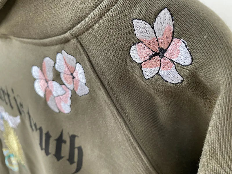 Army Green Hoodie Women's Sweatshirt Long Sleeve Letter Print Flowers Skull Wings Embroidery Pocket Fleece Pullover Sweatshirt - reetell