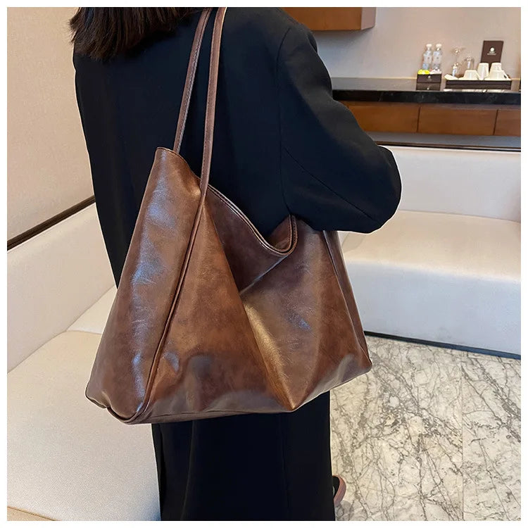 Women Tote Bag Fashion Underarm Pouch Large Capacity Soft Pu Leather Shoulder Bag Retro Crossbody Bag Casual Portable Bucket Bag