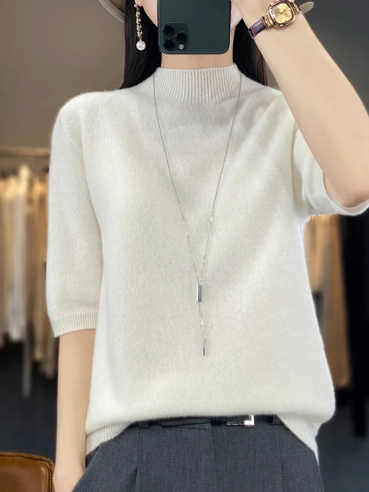 Fashion Short Half Sleeve Cashmere Women Knitted Sweater 100% Pure Merino Wool Mock-Neck Tops Pullover Clothing Knitwear - reetell