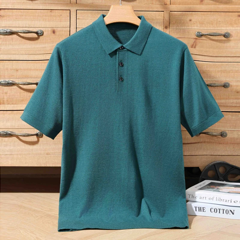 100% merino sweater summer men's lapel pullover short sleeve POLO neck sweater loose top knitted clothing plus size T-shirt