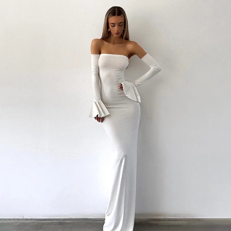 Nsauye Autumn Chic Elegant Women Sexy Evening Birthday Party Night Club Dress Off Shoulder Long Sleeve Maxi Bodycon Dress 2024 - reetell