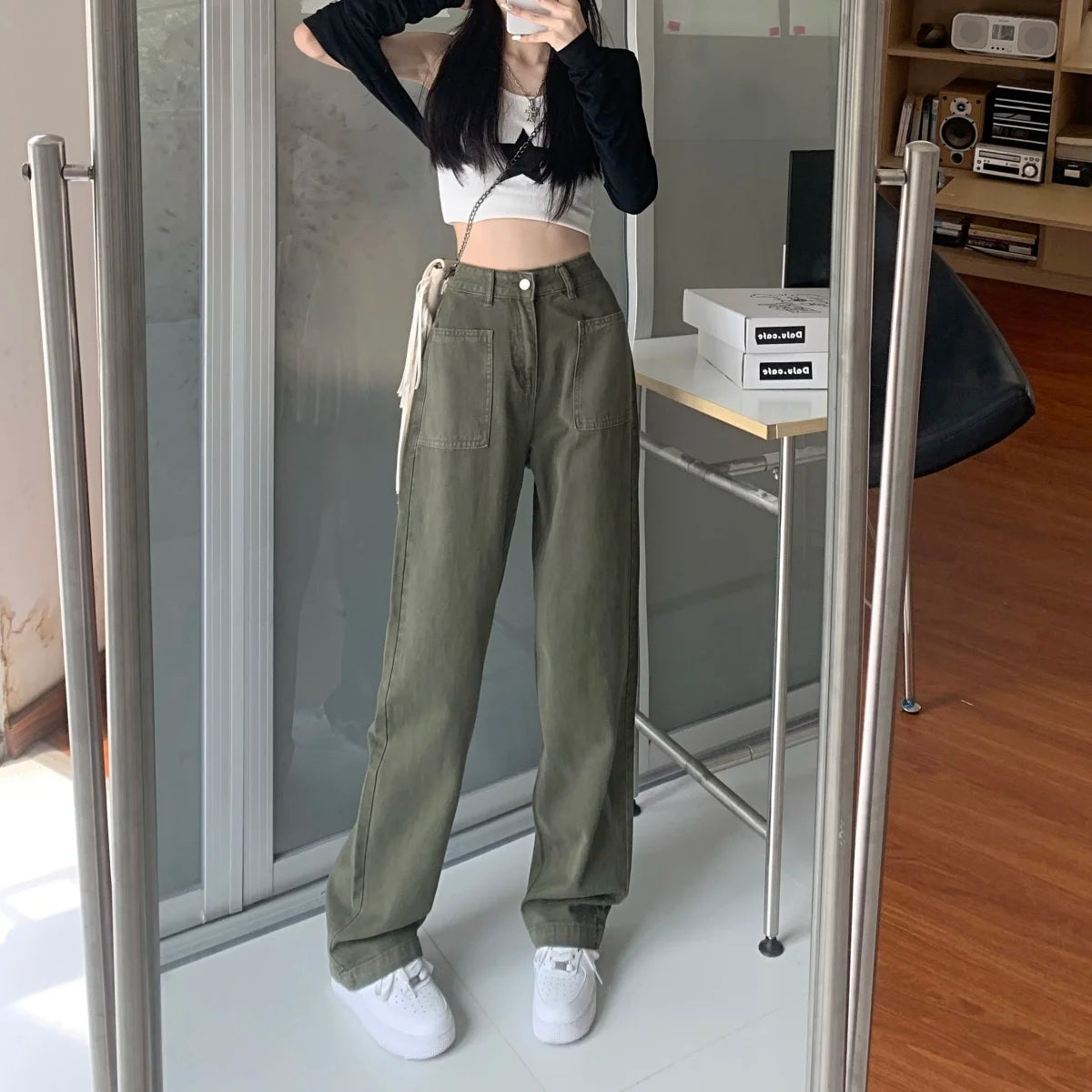 Military Green Jeans for Women High Waist Wide Legs Straight Leg Loose and Hanging Feeling Floor Length Pants High Street Trend - reetell