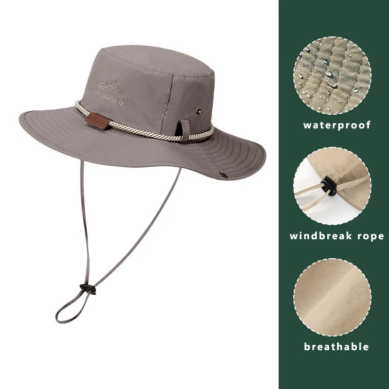 Men Bucket Hat Letter Embroidery Leather Label Cowboy Hat Waterproof Outdoor Hiking Fishing Cap Light 8cm Brim Anti-UV Sun Hat