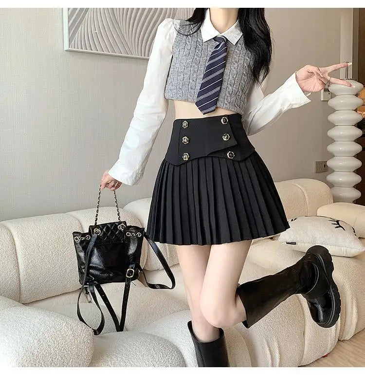 Pleated Skirt New Spring Autumn All-match Buttons Solid Color High Waist A-line Skirt Femme Preppy Style Pleated Trend Skirts - reetell