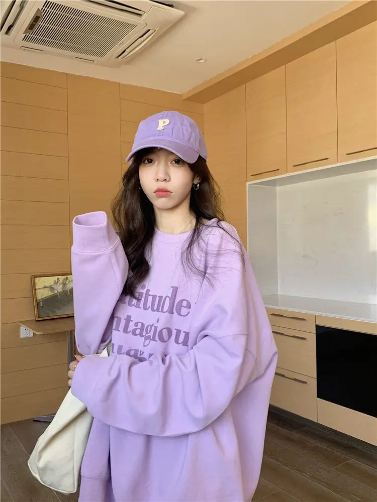 Fashion Solid Color Printing Letter Casual Sweatshirts Female Clothing 2023 Autumn Oversized Korean Tops All-match Sweatshirts - reetell