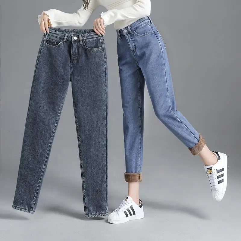 Winter Warm Fleece Jeans Women's High Waist Thick Harlan Straight Denim Pants Plus Size Loose Trousers Lady High Waisted Jeans - reetell