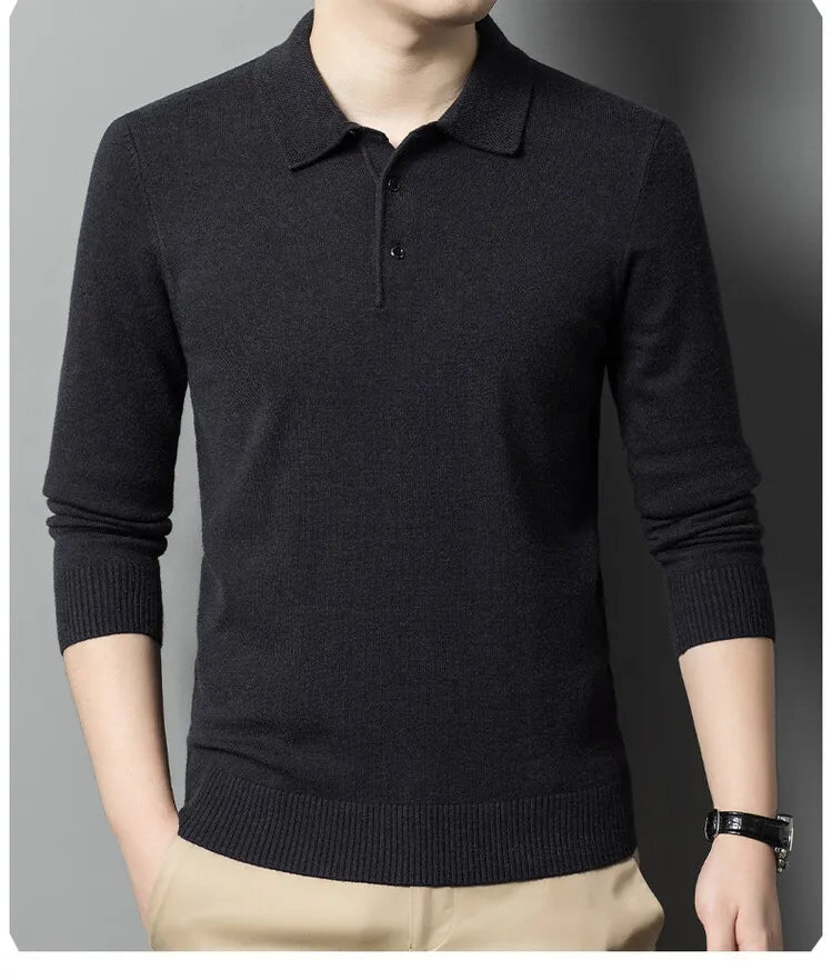 Autumn and Winter New Warm Soft Pullover Men's Business Lapel Knitwear Casual Solid Color Long Sleeve Polo Shirt Office - reetell