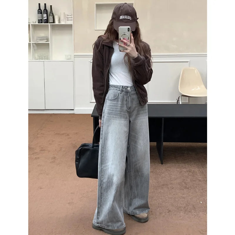 Summer Grey Womens Jeans High Waist Baggy Casual Vintage Y2K Trend Straight Cargo Pants Street American Wide Leg Denim Trouser - reetell