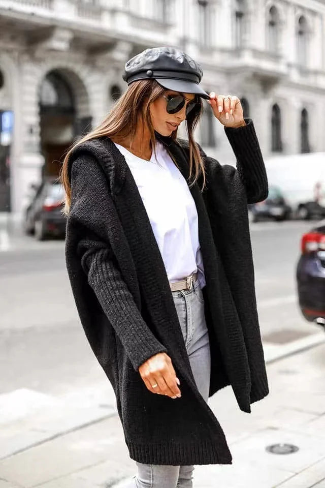 2024 Autumn Winter Cozy Chic Hooded Cardigan Women's Casual Knit Sweater Coat Elegant Batwing Sleeve Pocket Long Jacket Jumpers - reetell