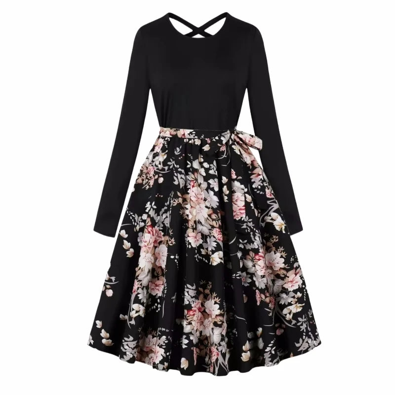 Elegant style long sleeved round neck floral print knee length bow waistband casual party base A-line dress - reetell