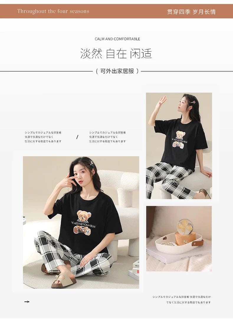 SUKAE Summer Women Pajamas Set Plus Size M-5XL Cotton Women's Pajama Short Sleeves Nightwear Sleepwear Korean Pijamas for Girl