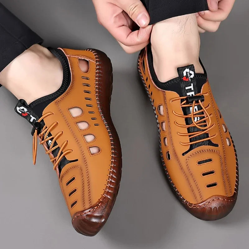 Men Sandals Fashion Pu Leather Beach Slippers Summer Breathable Sandals for Men Outdoor Non-slip Tendon Male Sole Casual Shoes