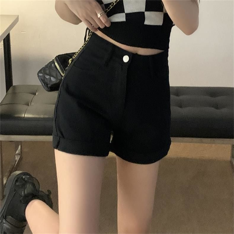 150cm Petite Girls Versatile Rolled Edge Denim  Women With High Waistretro Slim Fit XS Size Showing Slim Hot Pants Summer Wear - reetell