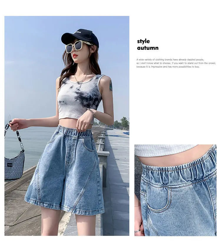 Big Size Denim Shorts Quarter Trousers A Wide Leg Loose High Waist Skinny Students Fattening Women Pocket Splicing Stripe - reetell