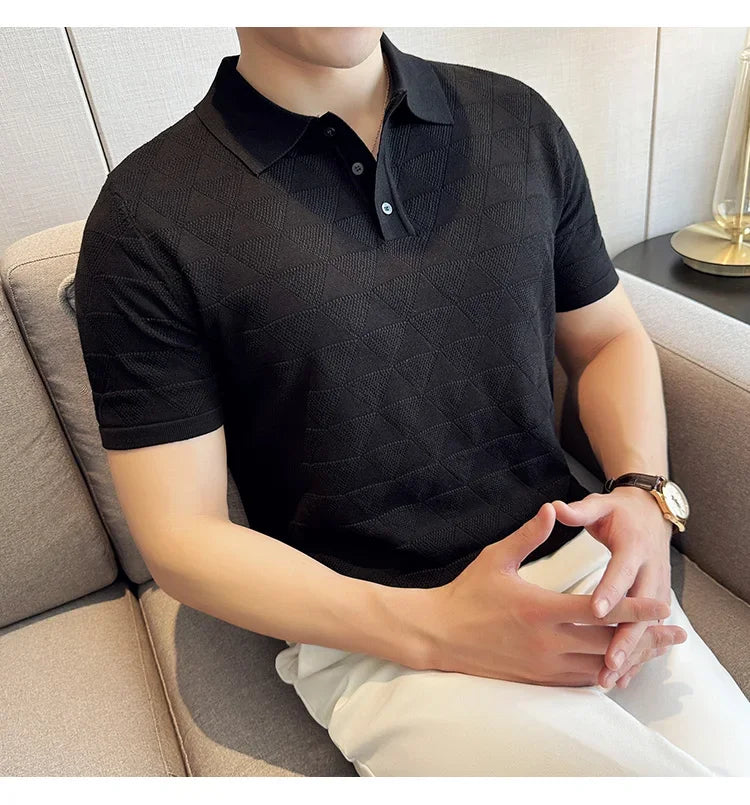 High-quality Men's Jacquard Polo Shirt, Business Casual Men's Solid Color Short-sleeved Top,  Geometric Pattern Men's T-shirt.