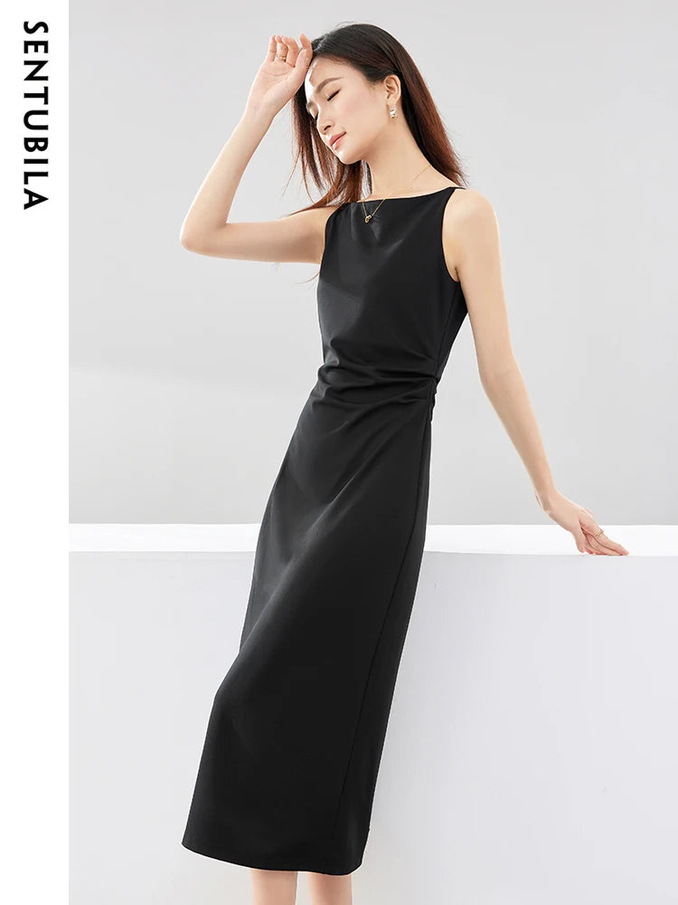 SENTUBILA Ruched Black Dress Women 2024 Spring Summer Party Slim Temperament Slash Neck Sleeveless Lady Midi Dresses Q33L52443 - reetell