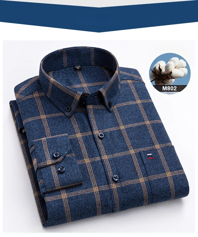 Hight qulity plus size 7XL100%cotton brushed long sleeve shirts for men korean plaid slim fit formal shirt soft designer clothes