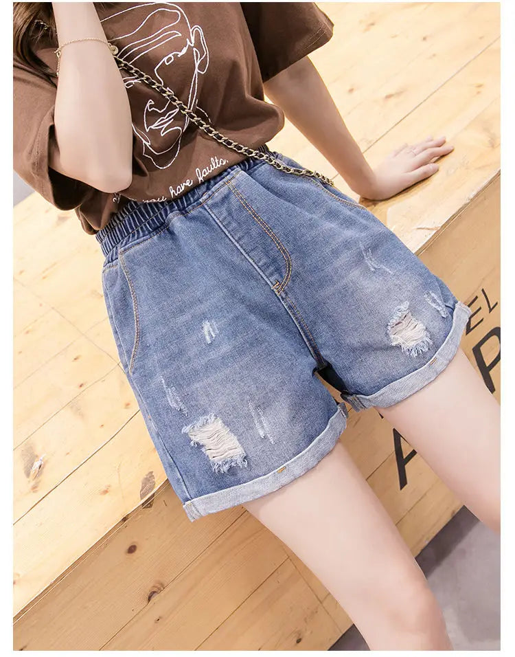 Large Size Broken Hole Cowboy Shorts Women Thin Section Wide Loose Tight High Waist Skinny A Word Wide Leg Fattening Hollowing - reetell