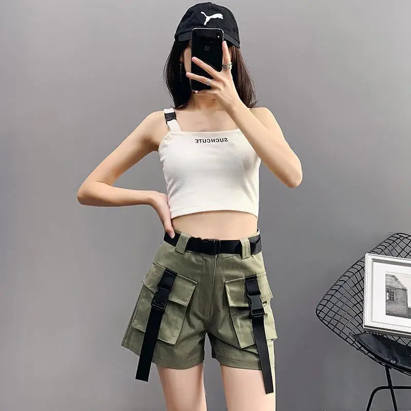 Boxer Women's Cargo Shorts with Pockets Female Short Pants Wide High Waist Korean Style Aesthetic Design Harajuku Fashion Cheap - reetell