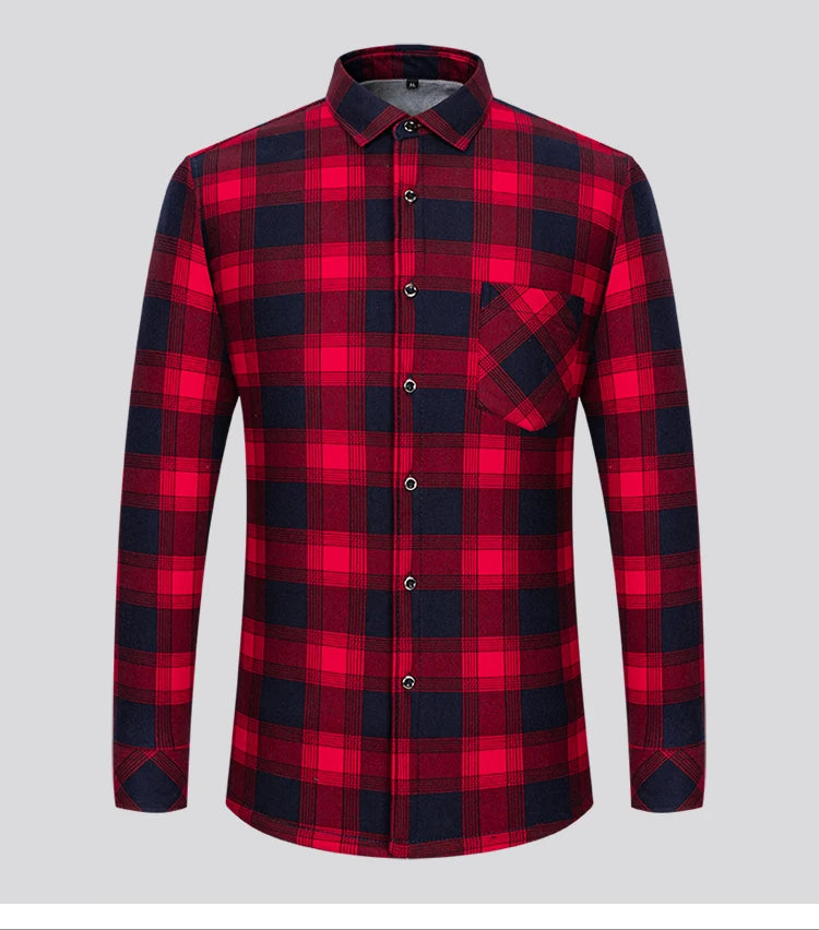 Autumn Winter Thicken Fleece Shirt Men Business Plaid Shirt Long Sleeve Warm Clothes Turn Down Collar Button Up Shirts Classic - reetell