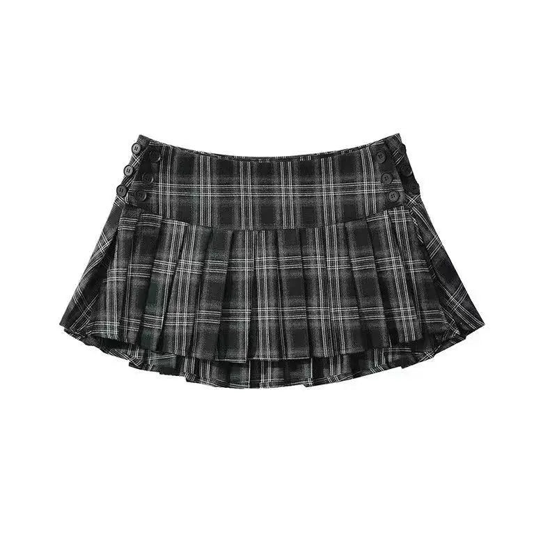 HOUZHOU Vintage Y2K Plaid Mini Skirt Women Sexy Preppy Style Low Waist Slim A-line Side Split Retro Pleated Skirt Streetwear - reetell