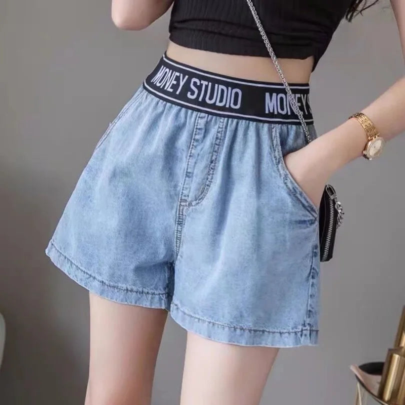 2023 New Elastic Waist Denim Shorts Women's Summer High Waist New Versatile Casual Loose Simple Academy Style - reetell