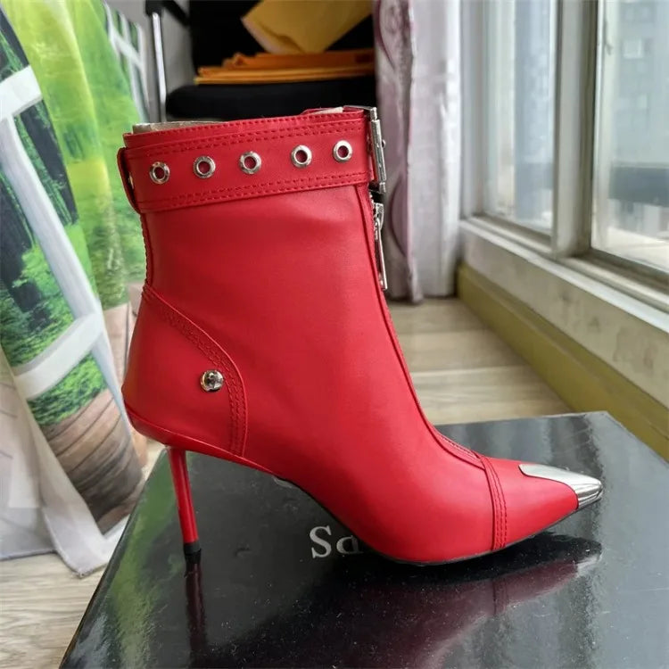 Belt Buckle Front Zipper Fashion Show Short Boots Women's Autumn Winter New Pointed Metal Decoration Red High Heels Ankle Boots