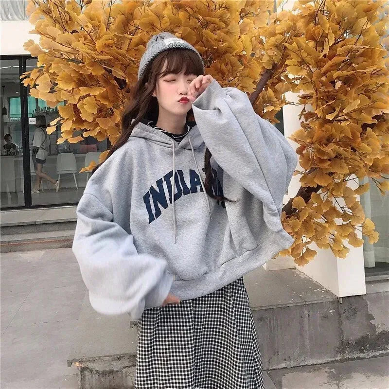 Autumn Thick Women Hoodies Fashion Loose Fake Two Piece Letter Printing Tops Harajuku Warm Preppy All Match Crop Sweatshirts - reetell