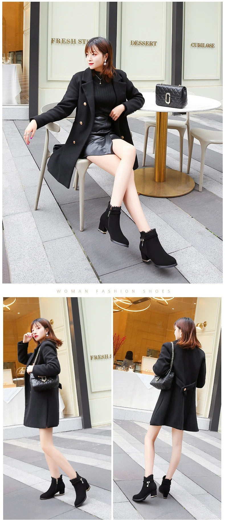 2023 New Autumn Fashion Boots Women Fur Winter Warm Pointed Ankle Boots Sexy High Heel Rhinestone Decoration Zipper Women Boots