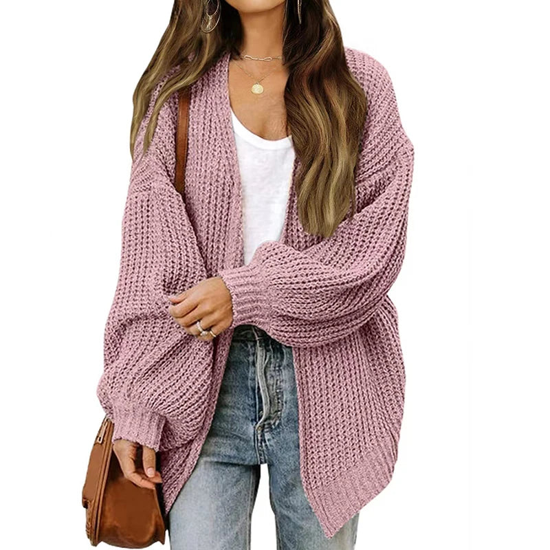 HELIAR Women Solid Cardigan Sweater Coat Loose Casual Lantern Sleeve Jacket Knitted Coat For Women 2024 Autumn And Winter - reetell