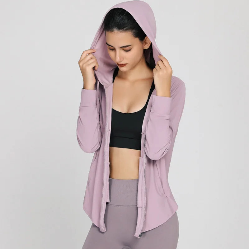 Women Fitness Jacket Breathable Sun Protection Sweatshirt Loose Sports Running Zipper Jacket With Pockets Gym Coat Outerwear