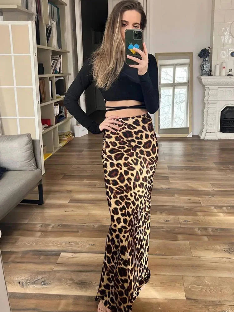 ASDS 2024 Women Fashion Leopard Print Skirt Vintage High Waist Midi Skirts Elegant Women Summer Casual Streetwear Skirt - reetell