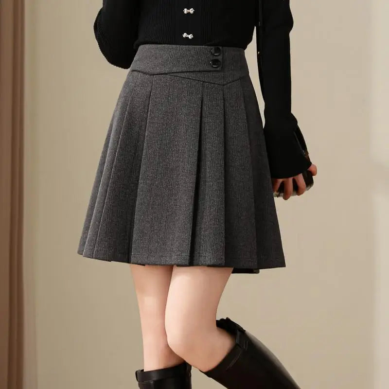 Deeptown Preppy Style Pleated Wool Skirt Women Elegant Grey Sweet Mini Skirts Vintage Solid A-line Casual Autumn Short Skirts - reetell