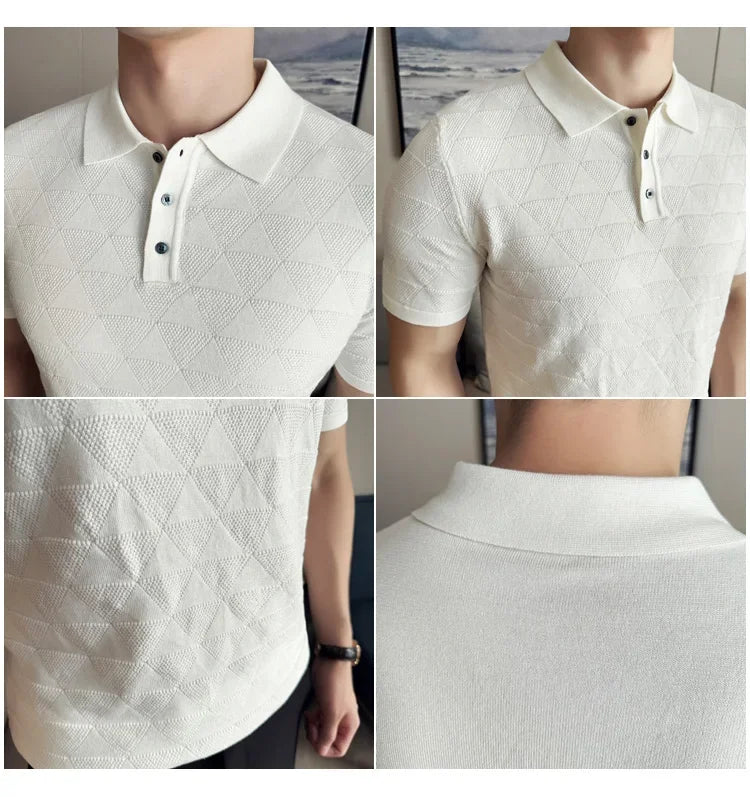 High-quality Men's Jacquard Polo Shirt, Business Casual Men's Solid Color Short-sleeved Top,  Geometric Pattern Men's T-shirt.